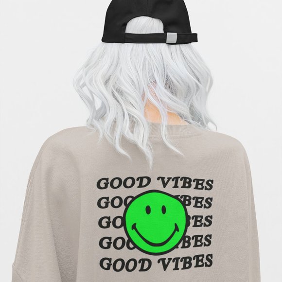 Good Vibes Neon Green Smiley Face Sweatshirt - Picture 1 of 12